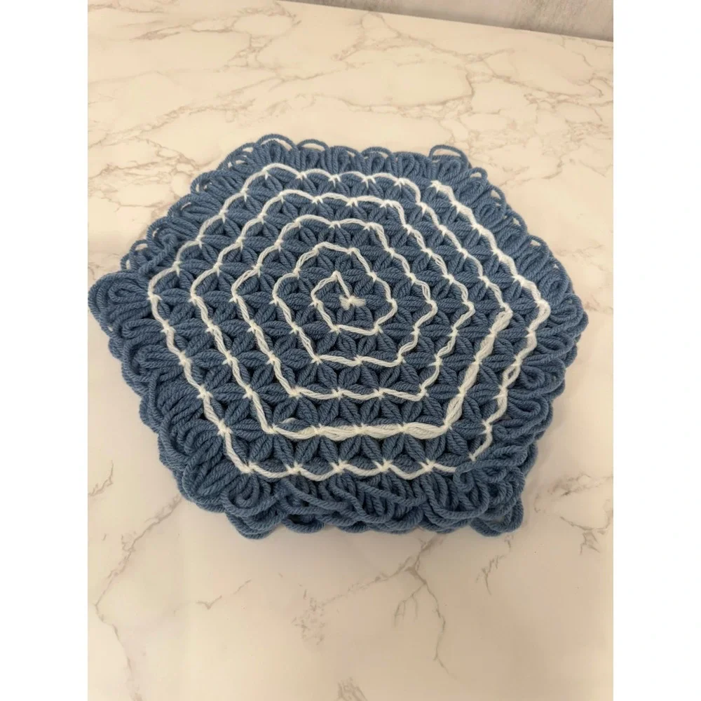Hand Crocheted Trivet Blue Pot Holder Hot Pad 10 Inch Set of 3 Granny Core